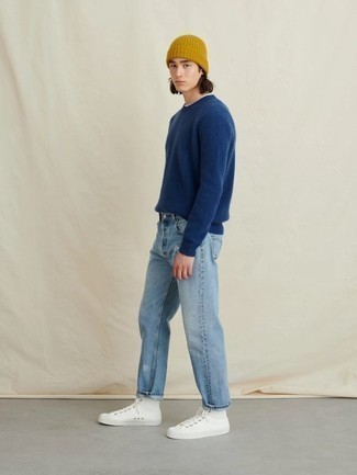 Mustard Beanie Outfits For Men: Why not marry a navy crew-neck sweater with a mustard beanie? As well as very functional, these pieces look great worn together. And if you want to instantly dial up your look with one single piece, introduce a pair of white canvas high top sneakers to the equation.