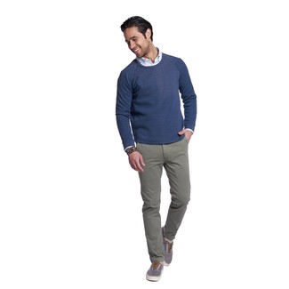 Men's Navy Crew-neck Sweater, Light Blue Vertical Striped Long Sleeve Shirt, Grey Chinos, Grey Canvas Low Top Sneakers
