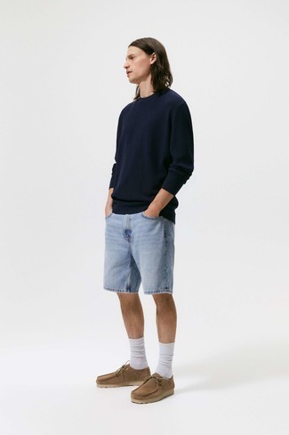 Navy Crew-neck Sweater Outfits For Men: To assemble an off-duty look with a modernized spin, make a navy crew-neck sweater and light blue denim shorts your outfit choice. A pair of tan suede desert boots is a fail-safe footwear style that's full of personality.