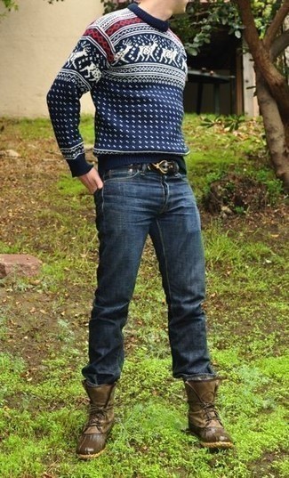 Navy Fair Isle Crew-neck Sweater Outfits For Men: This pairing of a navy fair isle crew-neck sweater and navy jeans is a safe bet for an outrageously stylish ensemble. Introduce brown canvas snow boots to the equation to make a classic ensemble feel suddenly edgier.