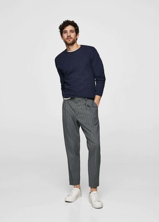 Men's Navy Crew-neck Sweater, White Crew-neck T-shirt, Grey Vertical Striped Dress Pants, White Leather Low Top Sneakers