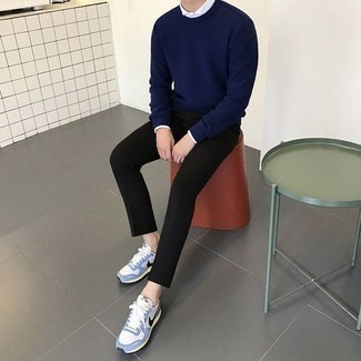 Men's Navy Crew-neck Sweater, White Long Sleeve Shirt, Black Chinos, White and Blue Athletic Shoes