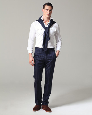 Men's Navy Crew-neck Sweater, White Long Sleeve Shirt, Navy Vertical Striped Dress Pants, Dark Brown Suede Oxford Shoes