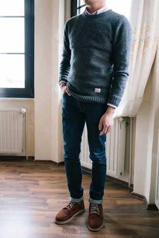 Dark Brown Suede Casual Boots Outfits For Men: If you're a fan of laid-back looks, why not marry a navy crew-neck sweater with navy jeans? Shake up this look by finishing off with dark brown suede casual boots.