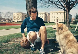 Bradley Cooper wearing Navy Crew-neck Sweater, White Shorts, Navy Athletic Shoes