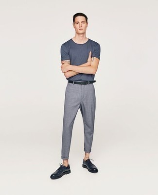 Grey Chinos Outfits: Want to inject your closet with some off-duty dapperness? Wear a navy crew-neck t-shirt and grey chinos. To introduce some extra fanciness to this outfit, complete this outfit with a pair of navy leather derby shoes.
