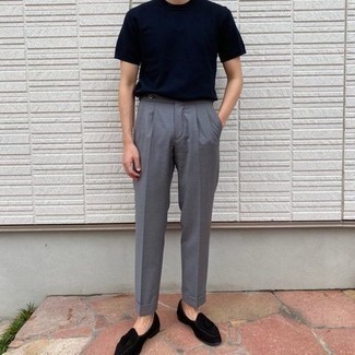 Black Velvet Tassel Loafers Outfits: For something on the smart casual end, go for a navy crew-neck t-shirt and grey dress pants. To introduce a little flair to your ensemble, throw black velvet tassel loafers into the mix.