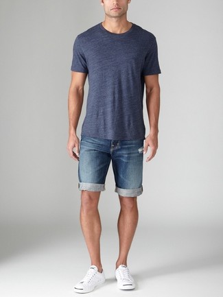 Navy Denim Shorts Outfits For Men: Consider pairing a navy crew-neck t-shirt with navy denim shorts for a casual look with a modernized spin. A pair of white low top sneakers looks great here.