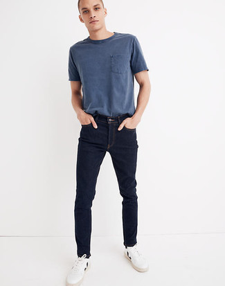 Men's Navy Crew-neck T-shirt, Navy Jeans, White and Black Leather Low Top Sneakers, Black Socks