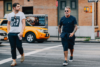 Nick Wooster wearing Navy Crew-neck T-shirt, Navy Shorts, Navy Leather Slip-on Sneakers