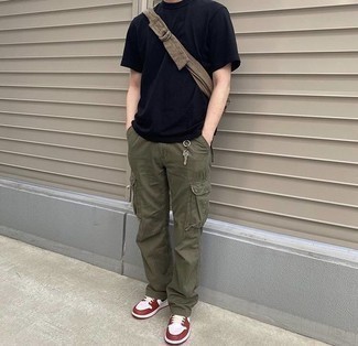 Men's Navy Crew-neck T-shirt, Olive Cargo Pants, White and Red Leather High Top Sneakers, Tan Canvas Fanny Pack