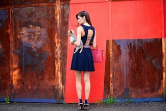 Multi colored Leather Pumps Outfits: If it's ease and functionality that you're searching for in a look, dress in a navy cutout skater dress. Go off the beaten path and spice up your getup by finishing with a pair of multi colored leather pumps.