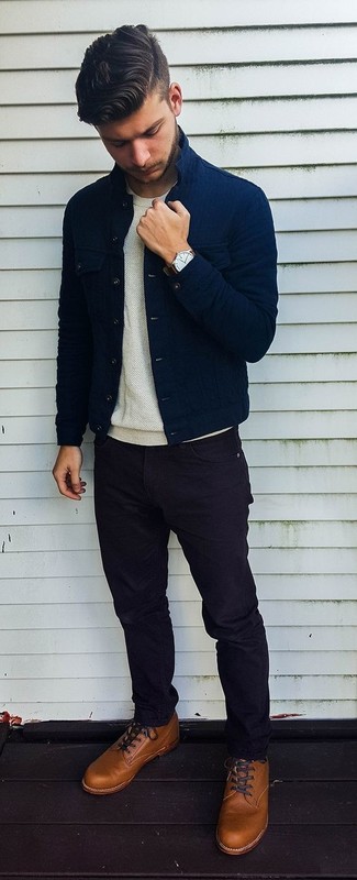Beige Leather Casual Boots Outfits For Men: This pairing of a navy denim jacket and black jeans will hallmark your skills in men's fashion even on weekend days. Get a little creative in the footwear department and spruce up this getup by finishing with beige leather casual boots.