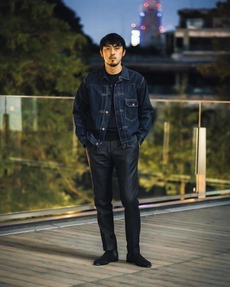 Black Suede Chelsea Boots Outfits For Men: For a casual ensemble, try pairing a navy denim jacket with black chinos — these two pieces work nicely together. Channel your inner Ryan Gosling and smarten up your look with a pair of black suede chelsea boots.