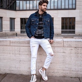 White Ripped Jeans Outfits For Men: For an on-trend getup without the need to sacrifice on comfort, we turn to this pairing of a navy denim jacket and white ripped jeans. When this getup appears too polished, dress it down by sporting a pair of white and black athletic shoes.