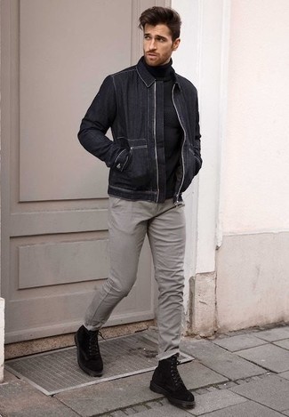 Black Wool Turtleneck Outfits For Men: Go for something practical yet contemporary in a black wool turtleneck and grey chinos. Hesitant about how to round off your look? Finish with black suede casual boots to polish it up.