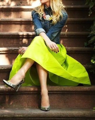 Women's Navy Denim Jacket, Green-Yellow Midi Skirt, Silver Leather Pumps, Multi colored Floral Necklace