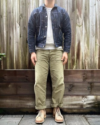 Beige Suede Casual Boots Outfits For Men: For a cool and casual ensemble, pair a navy denim jacket with olive chinos — these two pieces go really well together. To give your overall getup a more elegant spin, introduce beige suede casual boots to the equation.