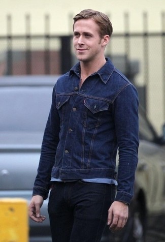 Ryan Gosling wearing Navy Denim Jacket, Light Blue Crew-neck T-shirt, Black Jeans