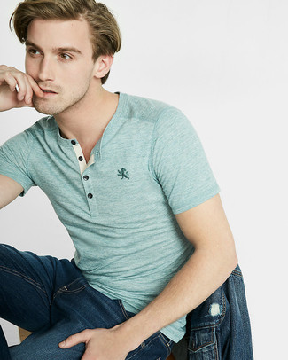 Mint Henley Shirt Outfits For Men: This casual pairing of a mint henley shirt and navy jeans is super easy to put together without a second thought, helping you look awesome and ready for anything without spending too much time combing through your wardrobe.