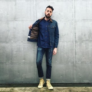 Beige Canvas High Top Sneakers Outfits For Men: This casual combo of a navy denim jacket and navy jeans comes in useful when you need to look cool in a flash. Got bored with this outfit? Let beige canvas high top sneakers jazz things up.