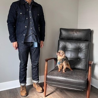 Tan Suede Casual Boots Outfits For Men: Display your skills in men's fashion by marrying a navy denim jacket and navy jeans for a casual ensemble. Tap into some David Beckham stylishness and smarten up your outfit with tan suede casual boots.