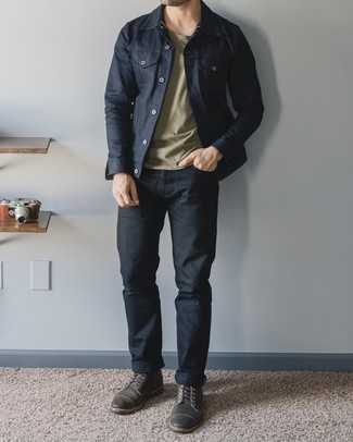 Navy Denim Jacket Outfits For Men: This combination of a navy denim jacket and black jeans will be a true demonstration of your expertise in men's fashion even on off-duty days. Go ahead and make dark brown leather casual boots your footwear choice for a dash of elegance.