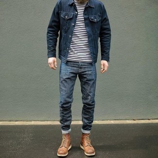 Tobacco Leather Casual Boots Warm Weather Outfits For Men: Consider pairing a navy denim jacket with navy jeans if you wish to look laid-back and cool without too much work. Tap into some Ryan Gosling stylishness and complement your look with a pair of tobacco leather casual boots.