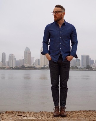 Navy Denim Shirt Outfits For Men: For effortless style without the need to sacrifice on comfort, we turn to this combination of a navy denim shirt and black jeans. For something more on the classy end to round off this look, complete your look with a pair of brown leather casual boots.