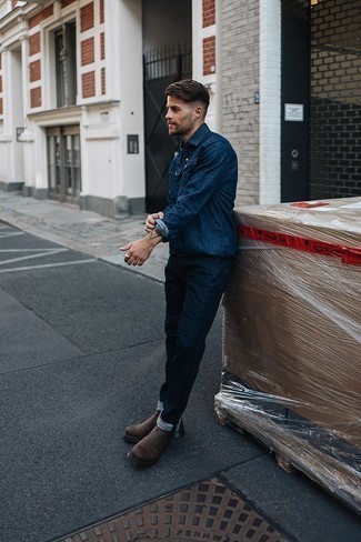 Navy Denim Shirt Outfits For Men: No matter where the day takes you, you can always rely on this off-duty combination of a navy denim shirt and navy jeans. If you wish to instantly step up this outfit with one single item, why not complement this getup with a pair of dark brown leather chelsea boots?