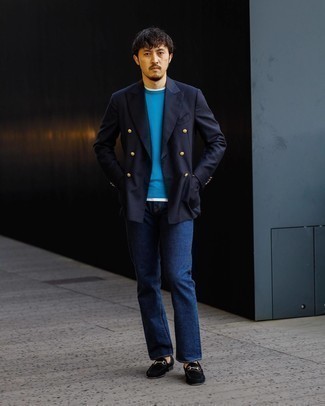 500+ Smart Casual Summer Outfits For Men: Reach for a navy double breasted blazer and navy jeans if you seek to look stylish without exerting much effort. Take a more classic route in the shoe department by rocking black suede loafers. As we all know, the key to getting through the hottest time of year is wearing fresh combos like this one.