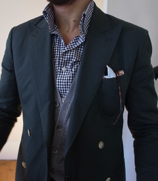 Men's Navy Double Breasted Blazer, Grey Cardigan, White and Navy Gingham Long Sleeve Shirt, White Pocket Square