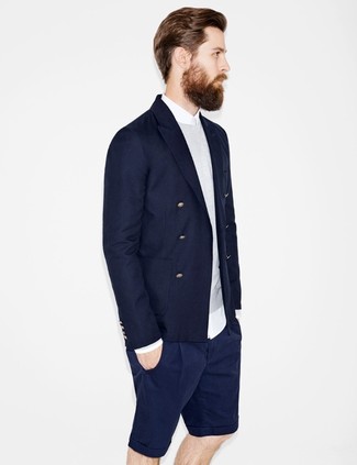 Navy Shorts Outfits For Men: For an ensemble that's street-style-worthy and casually classic, choose a navy double breasted blazer and navy shorts.