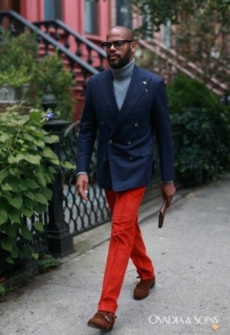 Men's Navy Double Breasted Blazer, Grey Turtleneck, Red Dress Pants, Brown Suede Double Monks