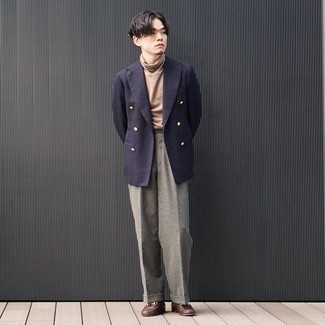 500+ Dressy Warm Weather Outfits For Men: A navy double breasted blazer and grey wool dress pants are robust sartorial weapons in any guy's sartorial collection. For something more on the casual side to complete this look, introduce a pair of dark brown leather loafers to the mix.