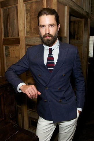 Tailored Fit Navy And Damson Check Wool Silk Double Breasted Blazer
