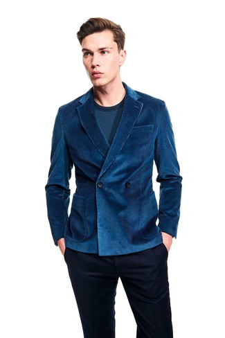 Olive Corduroy Double Breasted Blazer Outfits For Men: 