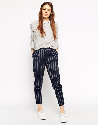 Navy Vertical Striped Dress Pants Smart Casual Outfits For Women: 