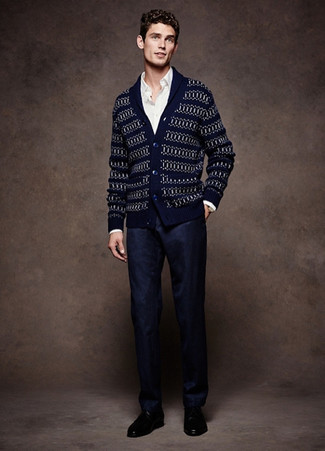 Navy Fair Isle Shawl Cardigan Outfits For Men In Their 30s: 