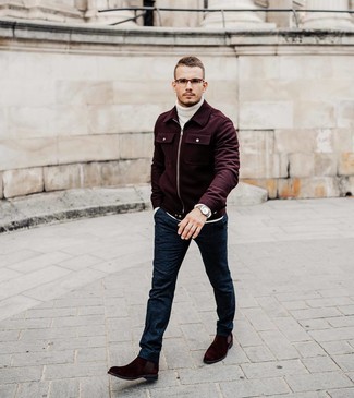 Burgundy Suede Chelsea Boots Outfits For Men: 