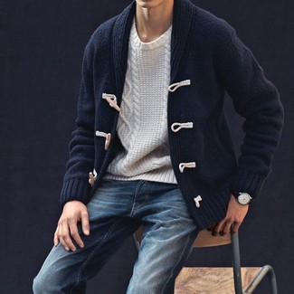 Men's Navy Duffle Cardigan, White Cable Sweater, Navy Jeans