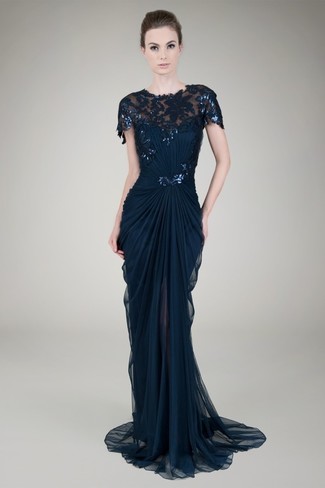 Embellished Illusion Draped Gown