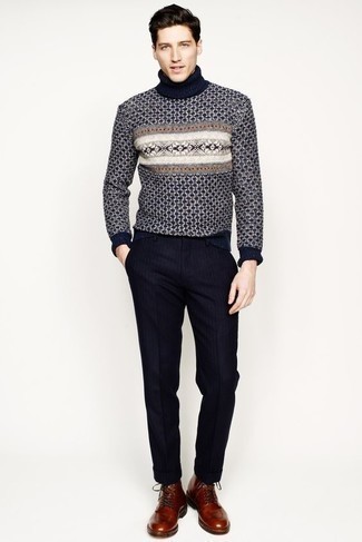 Navy Vertical Striped Dress Pants Outfits For Men: This look clearly shows that it is totally worth investing in such menswear items as a navy fair isle turtleneck and navy vertical striped dress pants. Feeling experimental today? Play down your ensemble by wearing a pair of tobacco leather casual boots.