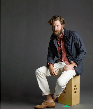 Men's Navy Field Jacket, Burgundy Chambray Long Sleeve Shirt, White Jeans, Brown Suede Derby Shoes