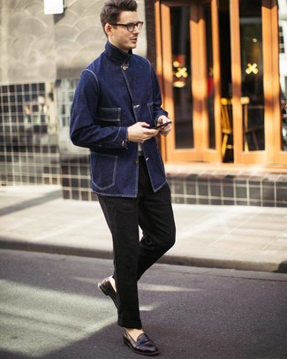 Navy Denim Field Jacket Outfits: If you gravitate towards casual style, why not make a navy denim field jacket and black linen chinos your outfit choice? Complete your outfit with dark brown leather loafers to avoid looking too casual.