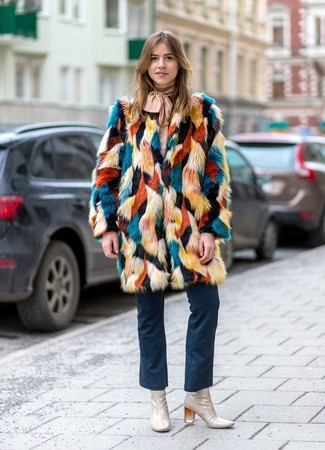 Women's Beige Leather Ankle Boots, Navy Flare Jeans, Beige Long Sleeve Blouse, Multi colored Fur Coat