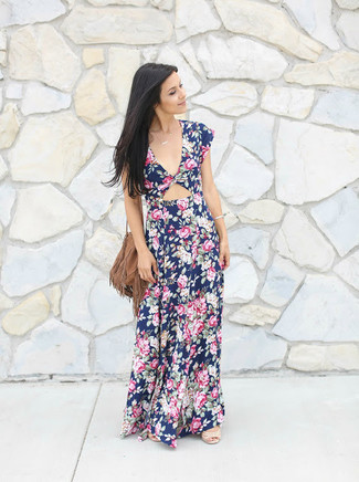 Blue Floral Maxi Dress Outfits: Rock a blue floral maxi dress, if you want to dress for comfort without looking like a slob to look neat. Kick up this look by wearing a pair of beige leather heeled sandals.