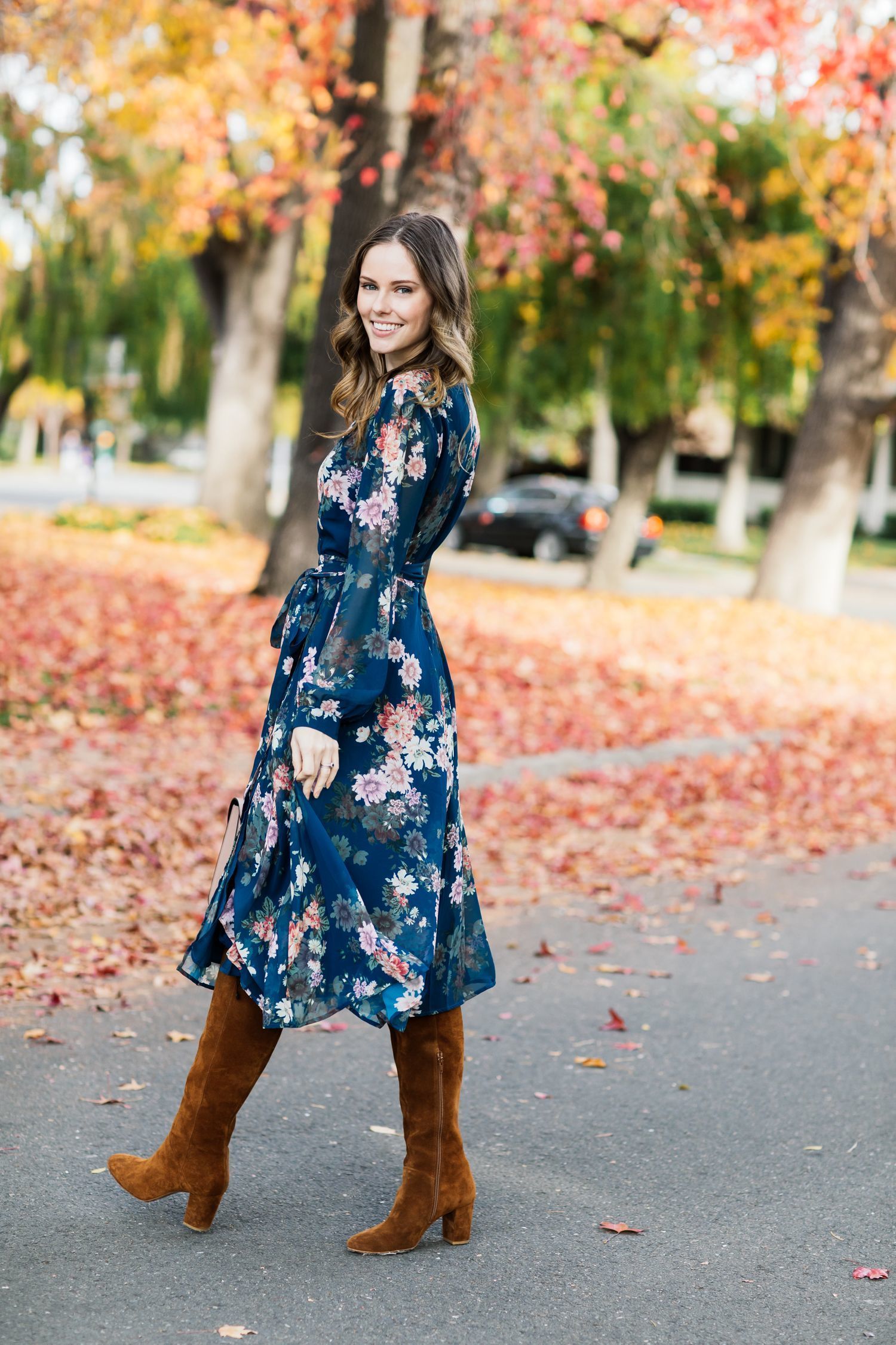 Women's Navy Floral Midi Dress, Tobacco Suede Knee High Boots