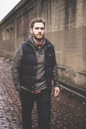 Men's Navy Gilet, Grey Cowl-neck Sweater, Red Plaid Long Sleeve Shirt, Navy Jeans