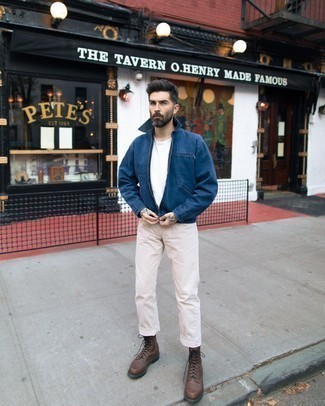 Beige Chinos Outfits: This off-duty combo of a navy harrington jacket and beige chinos is super easy to throw together without a second thought, helping you look stylish and ready for anything without spending too much time combing through your wardrobe. If you want to feel a bit dressier now, add dark brown leather casual boots to the mix.